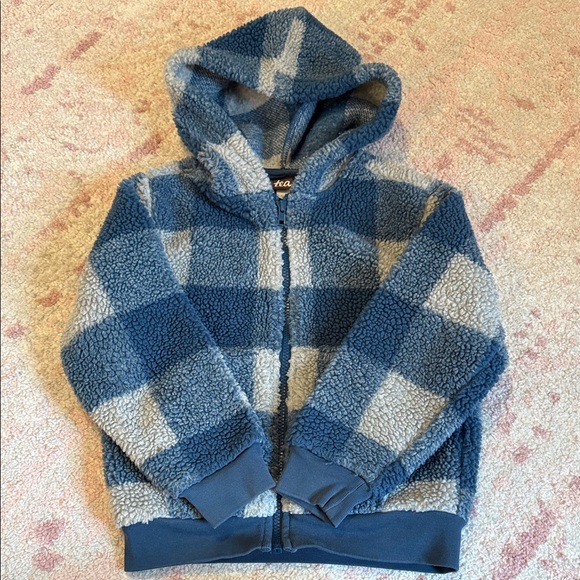 Tea Collection Blue and Gray Plaid Sherpa Kids Hooded Jacket Size 4-5 - Picture 1 of 6